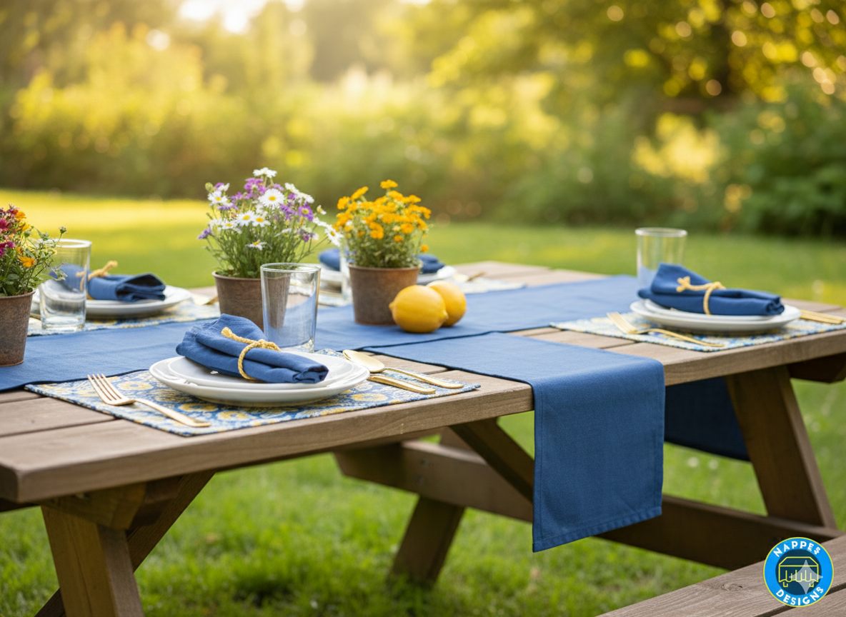 Nappe de table bleue avec chemin de table pour repas en extérieur